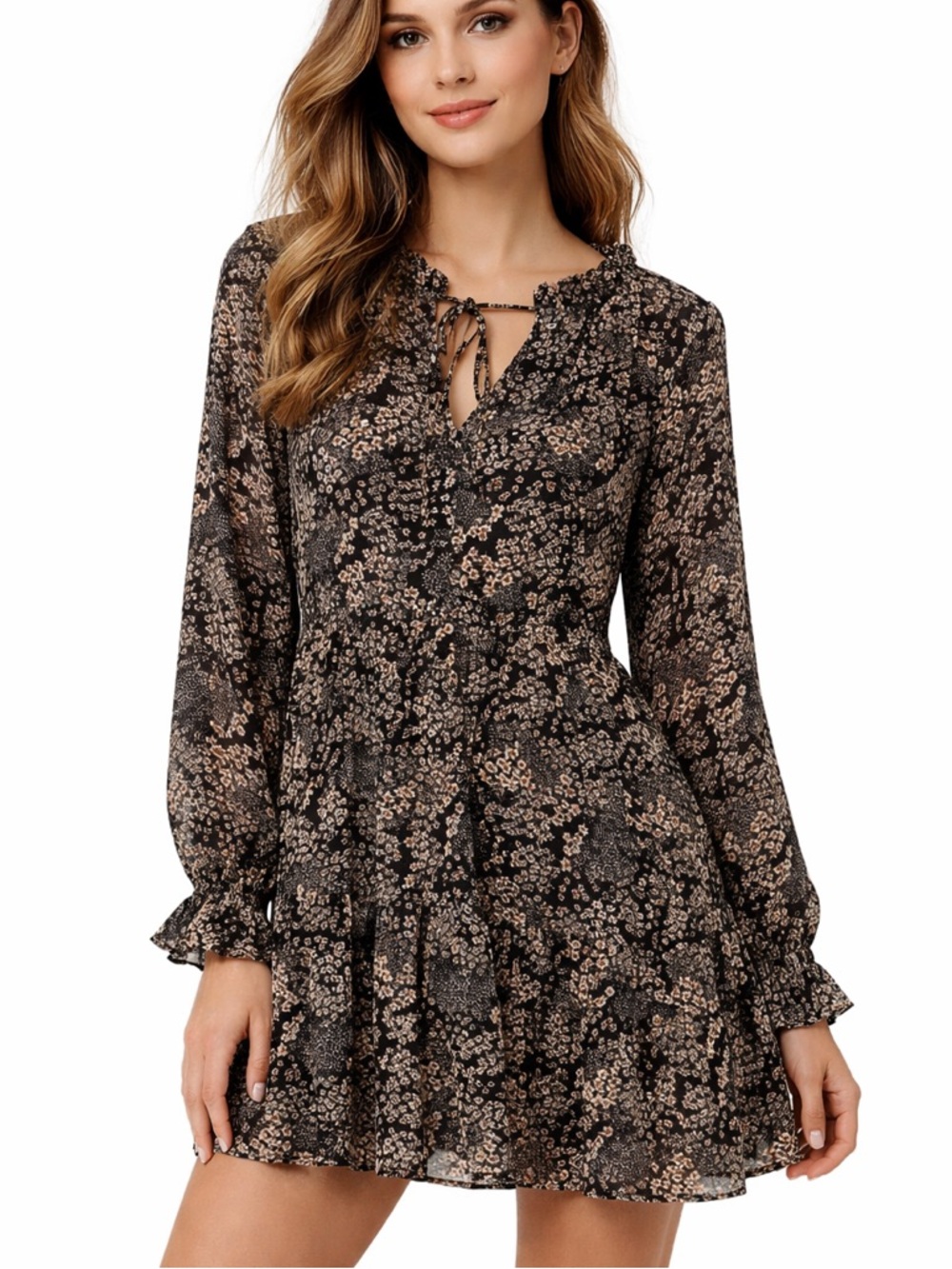 Aakaa Black and Beige Floral Long Sleeve Tie-Neck Dress Size Small